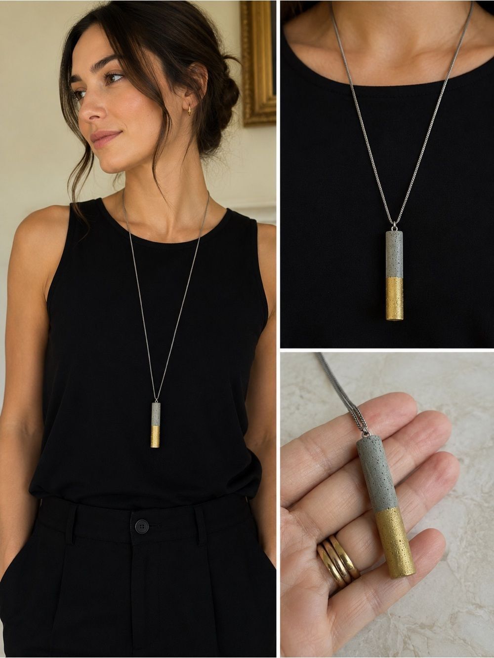 Handcrafted Concrete Pendant Necklace 30” Sterling Chain| Modern Minimalist